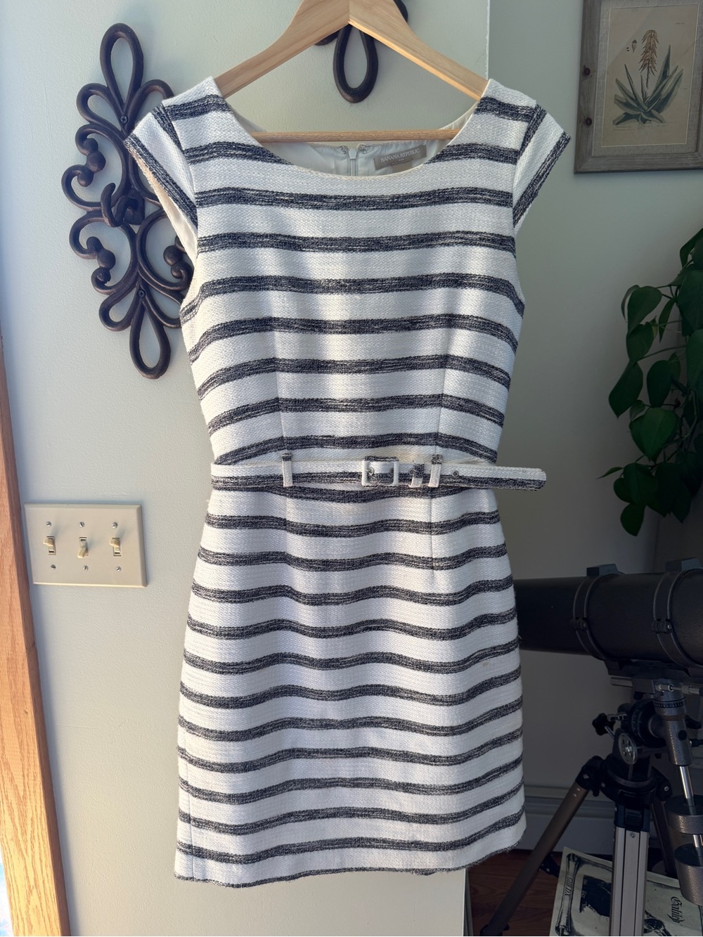 Banana Republic White & Black Striped Belted Mini Dress